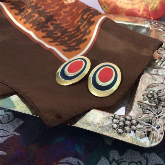 Vintage Brass Earrings with Enamel Studs Pierced 70’s Earrings - Picture 3 of 14